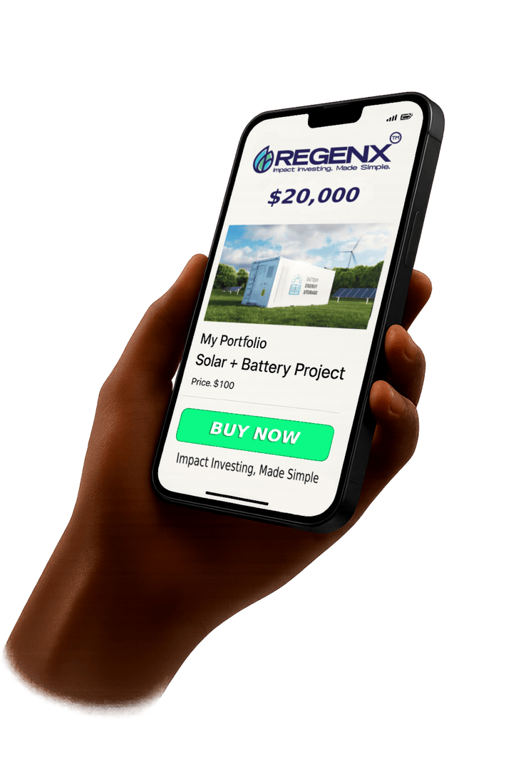 RegenX app showing a 5MW Solar + Battery Project investment